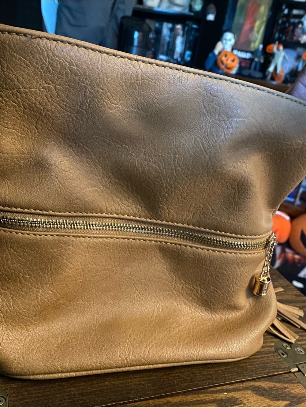 Structured Tan Women's Tote Bag with Exterior Zip Pocket